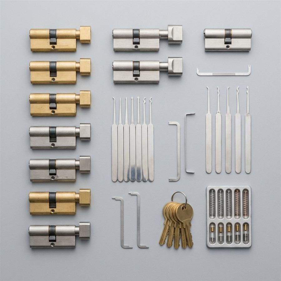 Professional locksmith tools, picks and euro cylinder locks laid out
